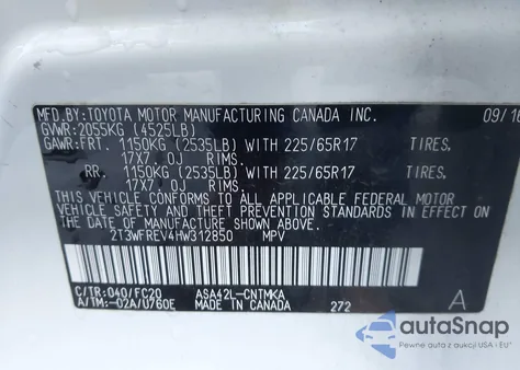 2017 Toyota Rav4 Xle z USA, uszkodzony, nr VIN 2T3WFREV4HW312850